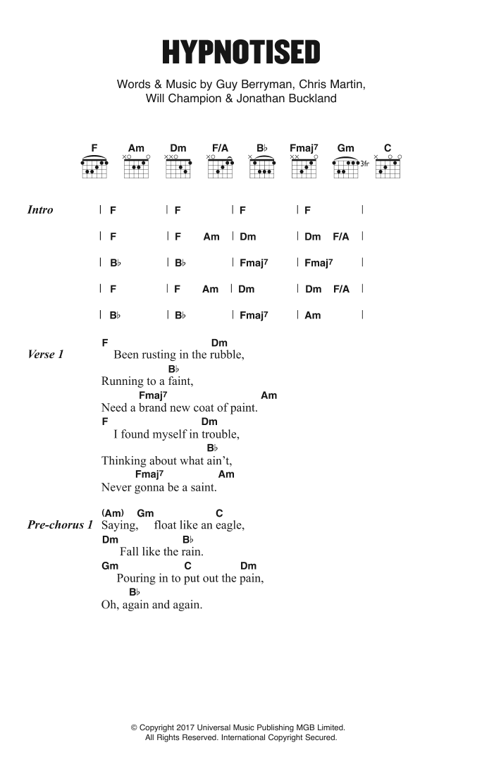 Coldplay Hypnotised sheet music notes and chords arranged for Guitar Chords/Lyrics