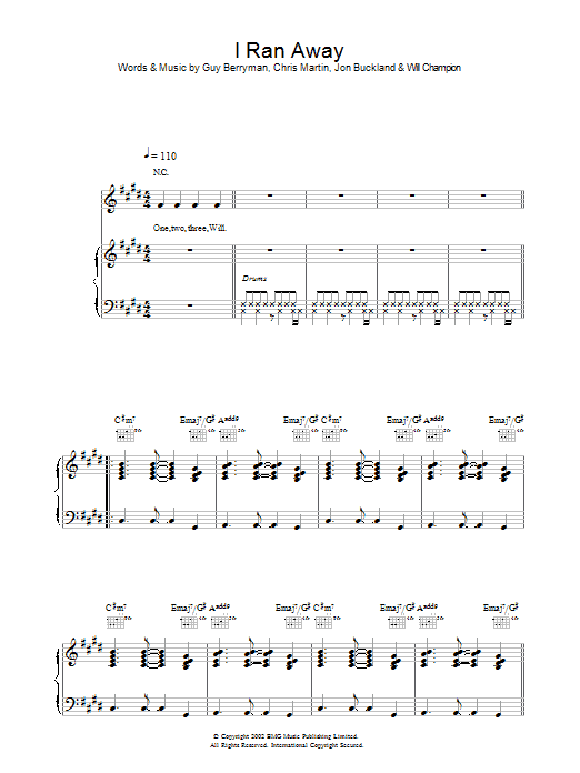 Coldplay I Ran Away sheet music notes and chords arranged for Piano, Vocal & Guitar Chords