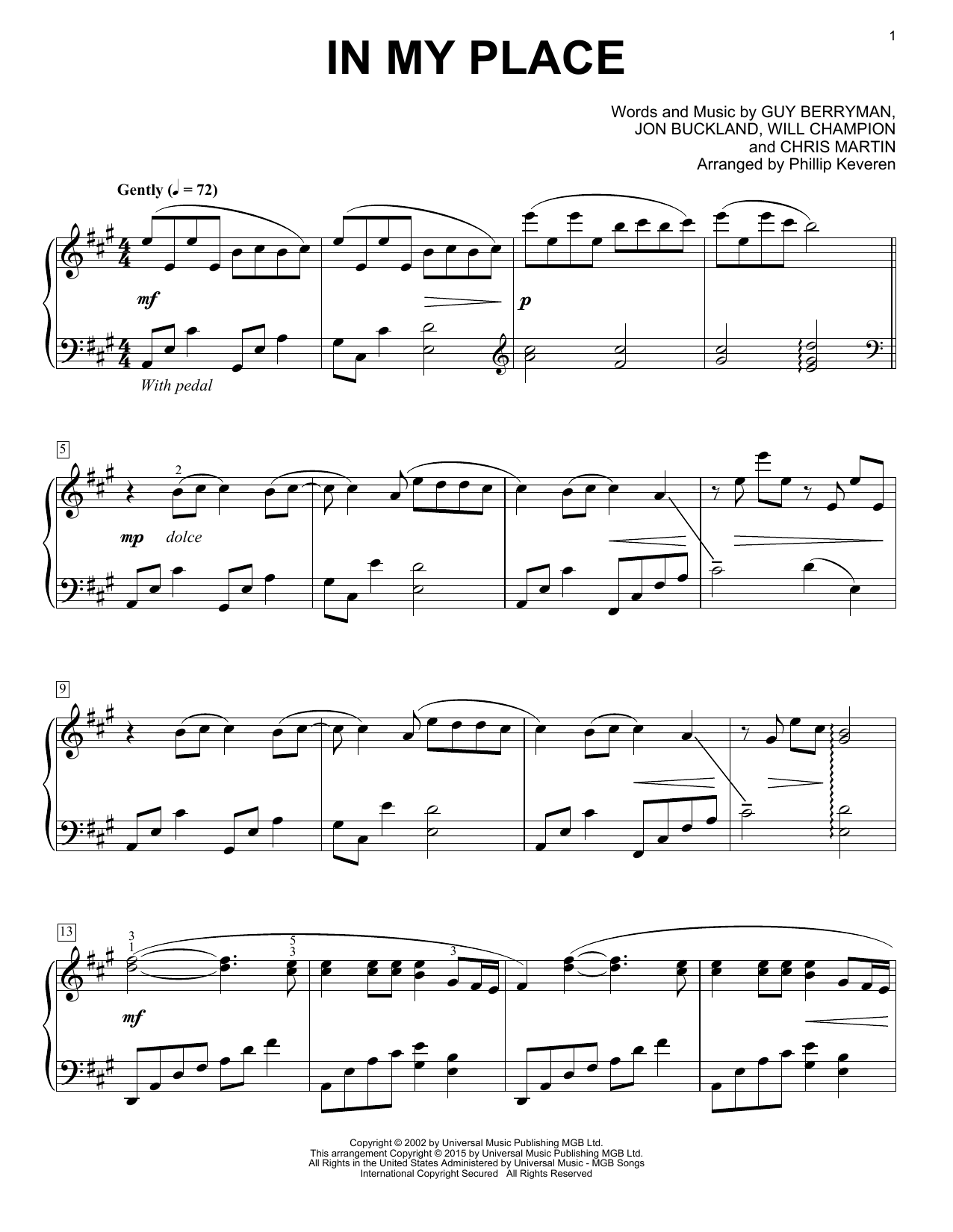 Coldplay In My Place [Classical version] (arr. Phillip Keveren) sheet music notes and chords arranged for Piano Solo