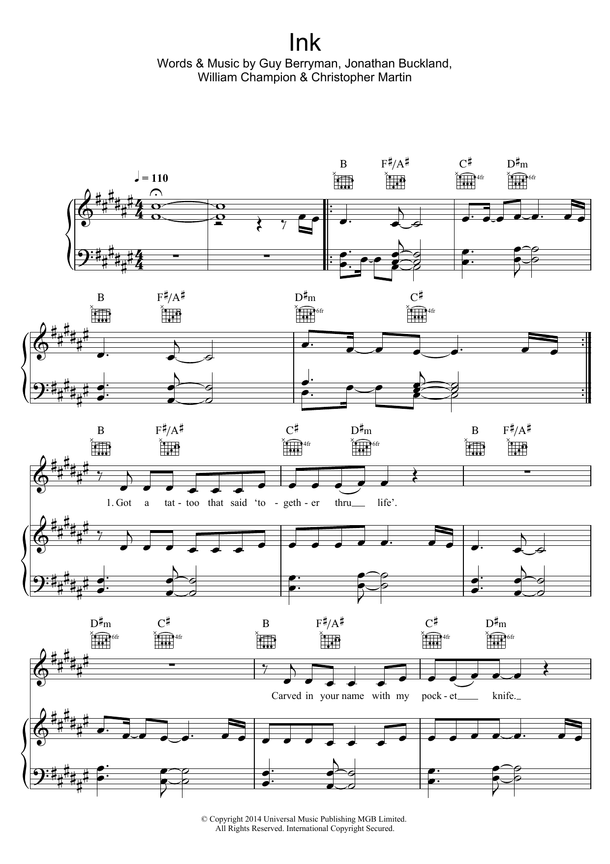 Coldplay Ink sheet music notes and chords arranged for Piano, Vocal & Guitar Chords (Right-Hand Melody)