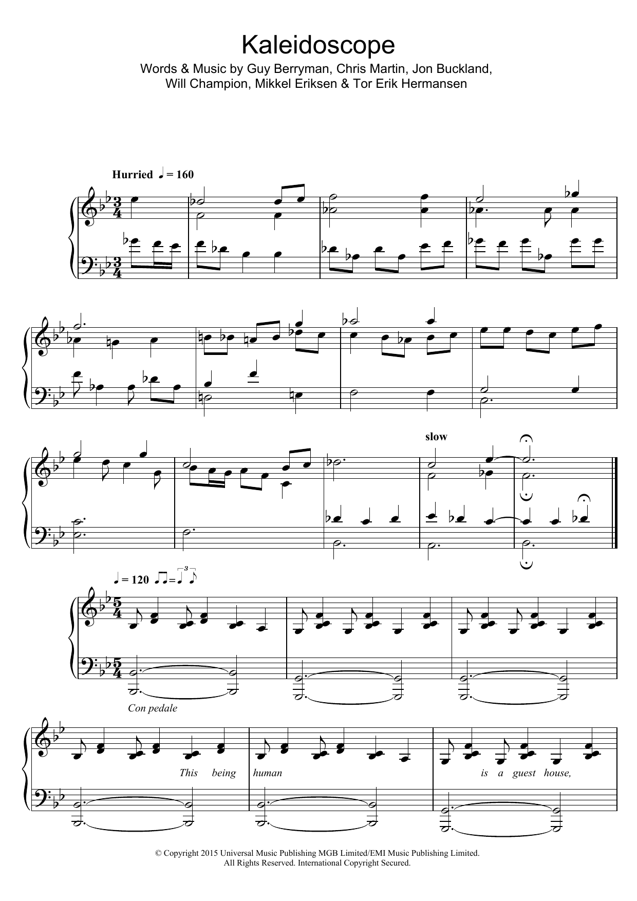 Coldplay Kaleidoscope sheet music notes and chords arranged for Piano, Vocal & Guitar Chords