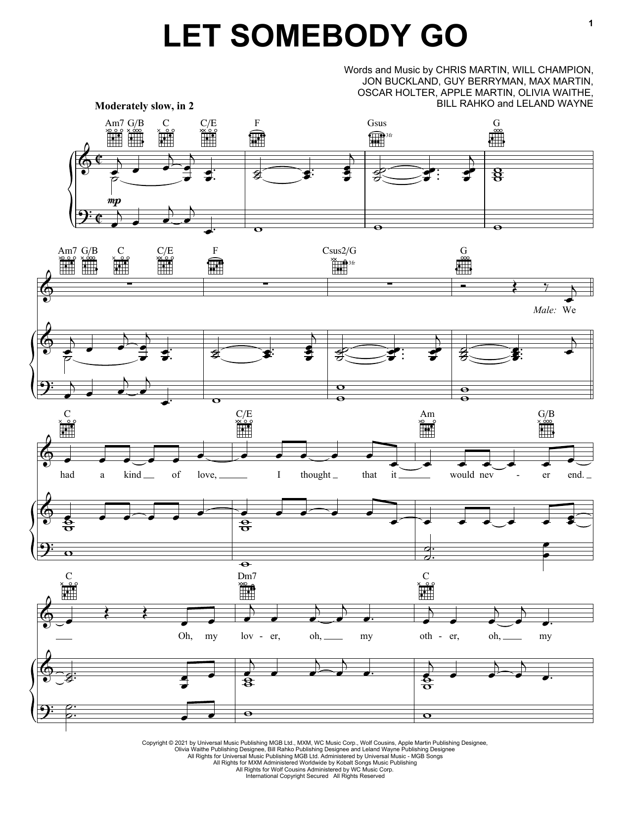Coldplay Let Somebody Go (feat. Selena Gomez) sheet music notes and chords arranged for Piano, Vocal & Guitar Chords (Right-Hand Melody)