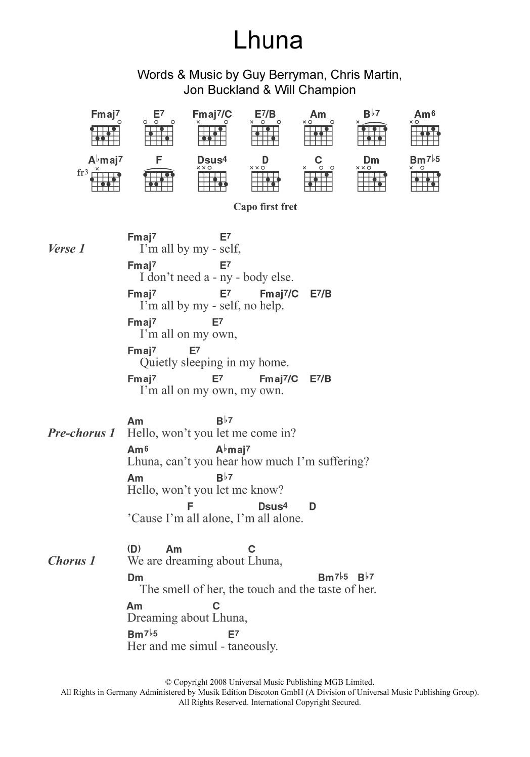Coldplay Lhuna (featuring Kylie Minogue) sheet music notes and chords arranged for Guitar Chords/Lyrics