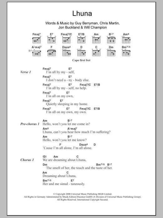 Coldplay Lhuna sheet music notes and chords arranged for Guitar Chords/Lyrics