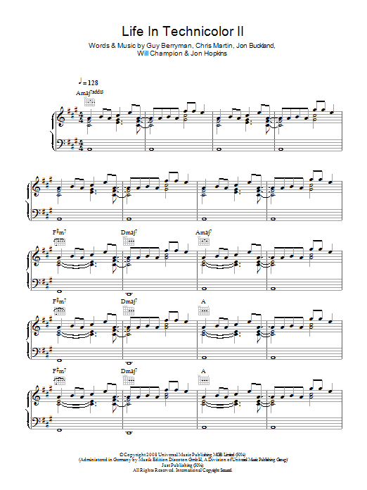 Coldplay Life In Technicolor II sheet music notes and chords arranged for Piano, Vocal & Guitar Chords (Right-Hand Melody)
