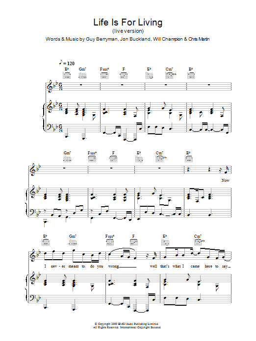 Coldplay Life Is For Living (live version) sheet music notes and chords arranged for Piano, Vocal & Guitar Chords