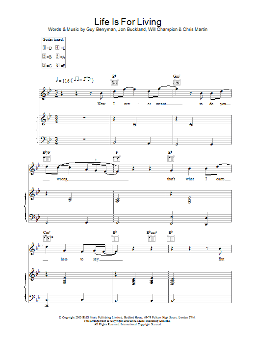 Coldplay Life Is For Living sheet music notes and chords arranged for Piano, Vocal & Guitar Chords