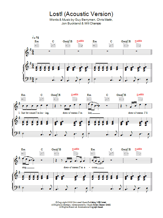 Coldplay Lost! (Acoustic Version) sheet music notes and chords arranged for Piano, Vocal & Guitar Chords