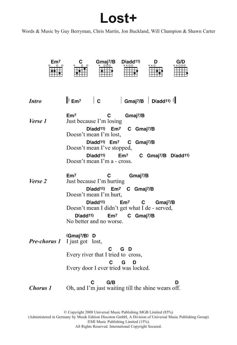 Coldplay Lost+ (feat. Jay-Z) sheet music notes and chords arranged for Guitar Chords/Lyrics