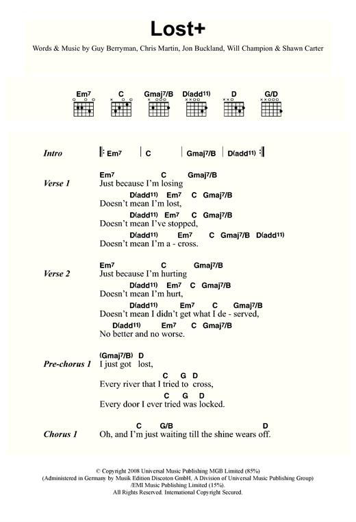 Coldplay Lost+ (feat. Jay-Z) sheet music notes and chords arranged for Guitar Chords/Lyrics