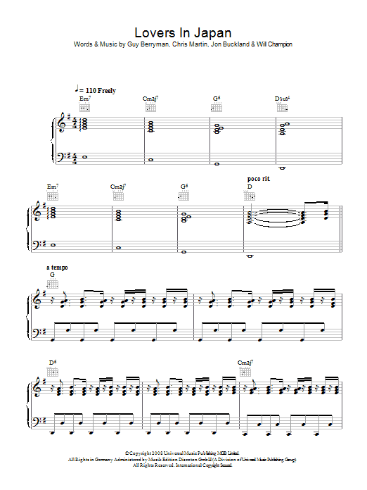 Coldplay Lovers In Japan sheet music notes and chords arranged for Piano, Vocal & Guitar Chords (Right-Hand Melody)