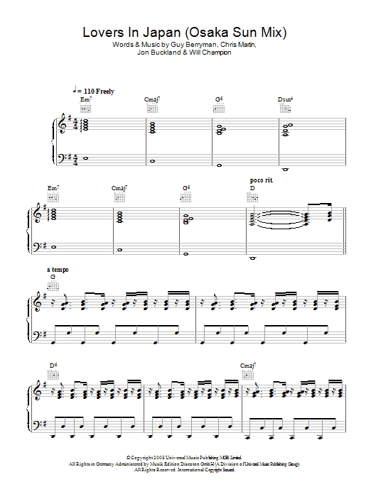 Coldplay Lovers In Japan (Osaka Sun Mix) sheet music notes and chords arranged for Piano, Vocal & Guitar Chords