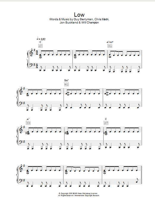 Coldplay Low sheet music notes and chords arranged for Piano Solo