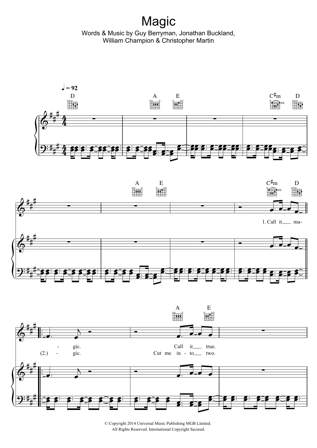 Coldplay Magic sheet music notes and chords arranged for Piano Chords/Lyrics