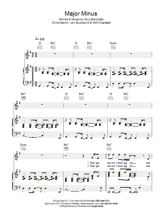 Coldplay Major Minus sheet music notes and chords arranged for Piano, Vocal & Guitar Chords