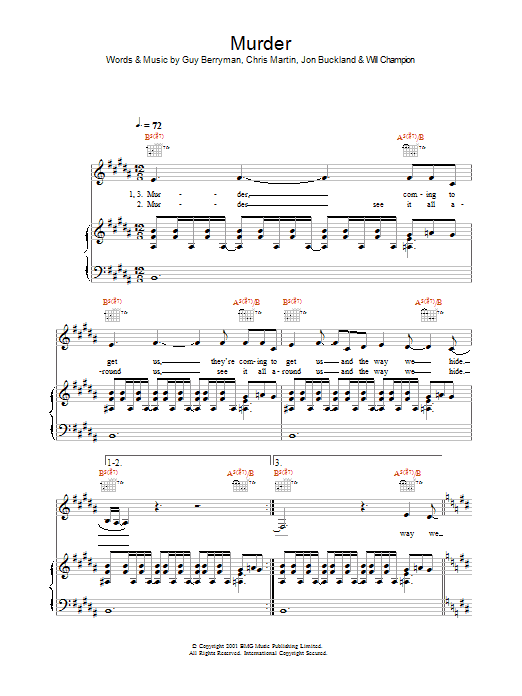 Coldplay Murder sheet music notes and chords arranged for Guitar Tab