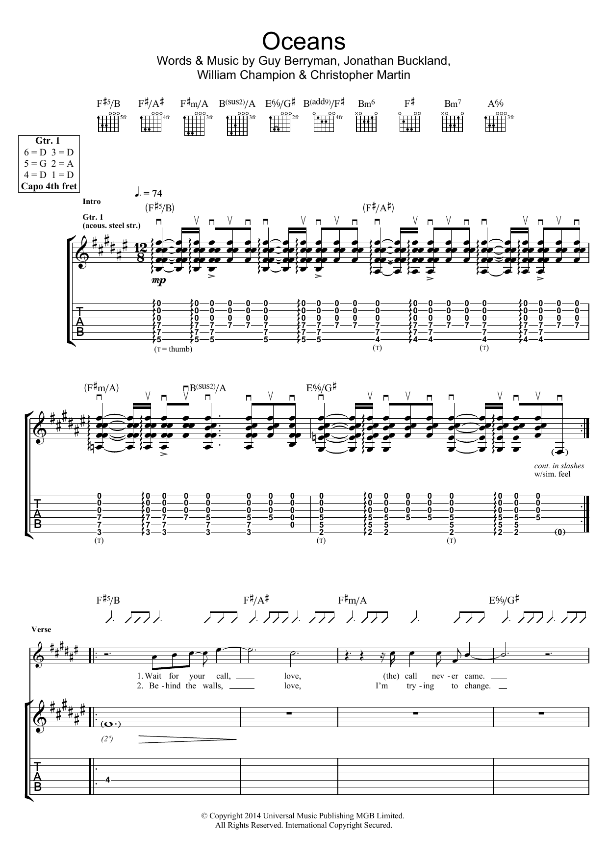Coldplay Oceans sheet music notes and chords arranged for Piano, Vocal & Guitar Chords (Right-Hand Melody)