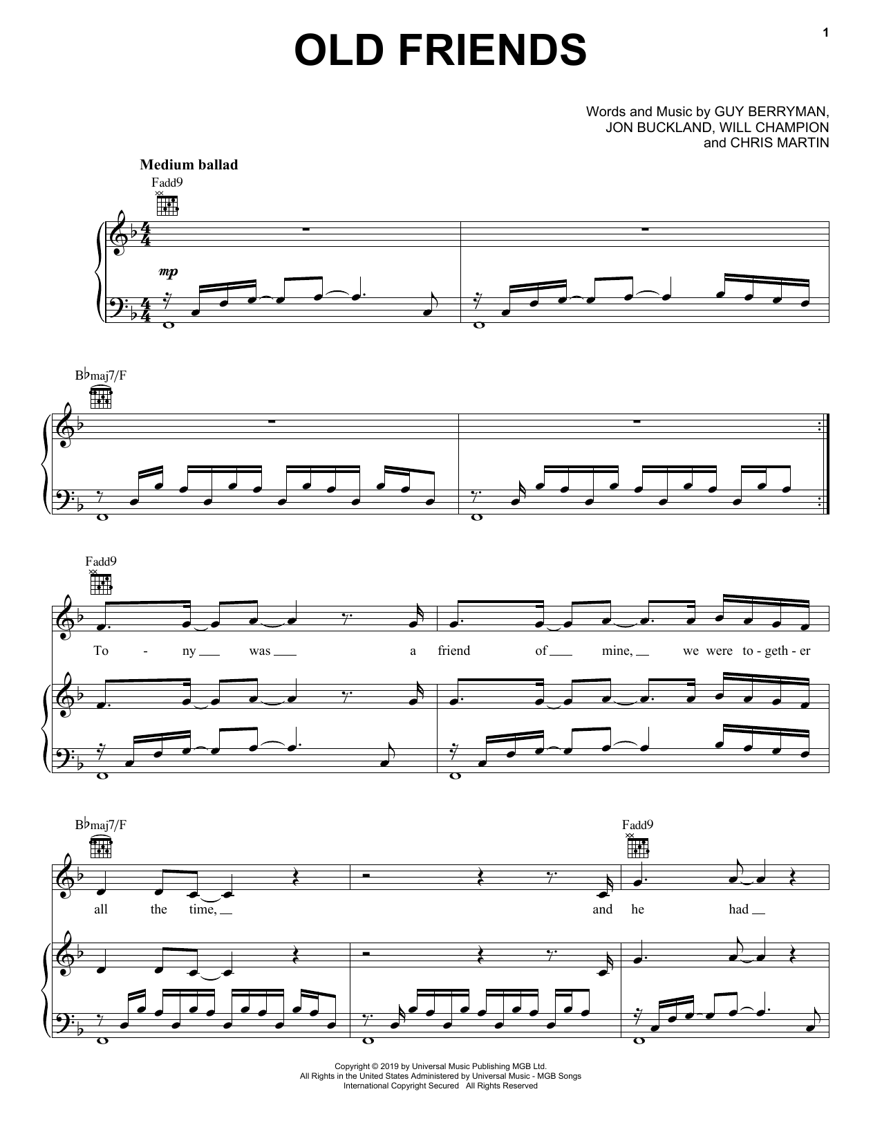 Coldplay Old Friends sheet music notes and chords arranged for Piano, Vocal & Guitar Chords (Right-Hand Melody)