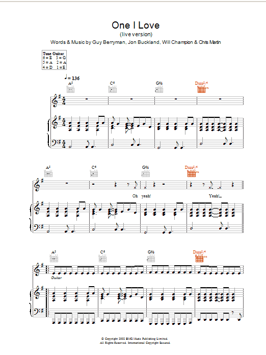 Coldplay One I Love (live version) sheet music notes and chords arranged for Piano, Vocal & Guitar Chords