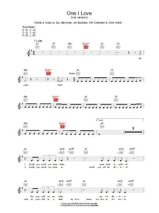 Coldplay One I Love sheet music notes and chords arranged for Guitar Chords/Lyrics