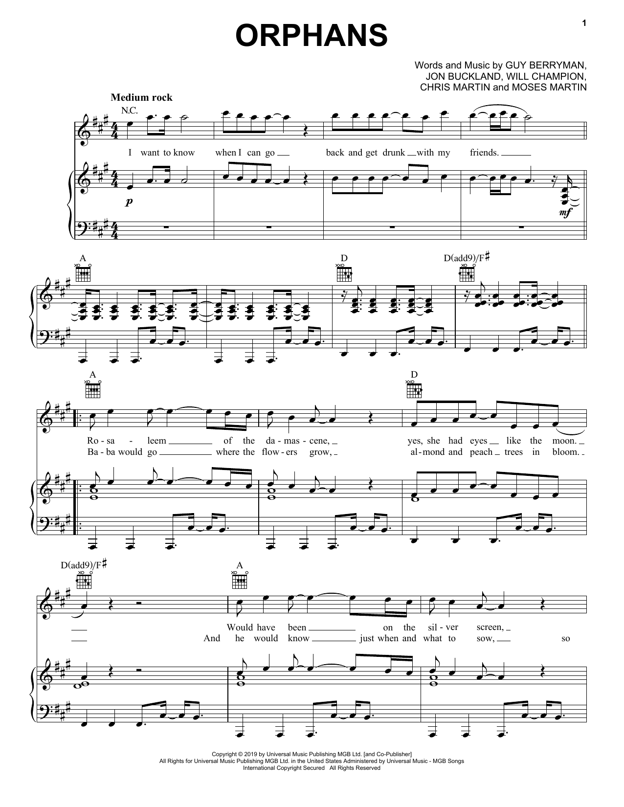 Coldplay Orphans sheet music notes and chords arranged for Piano, Vocal & Guitar Chords (Right-Hand Melody)