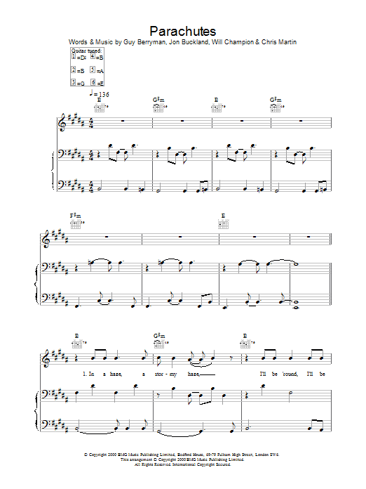 Coldplay Parachutes sheet music notes and chords arranged for Piano, Vocal & Guitar Chords