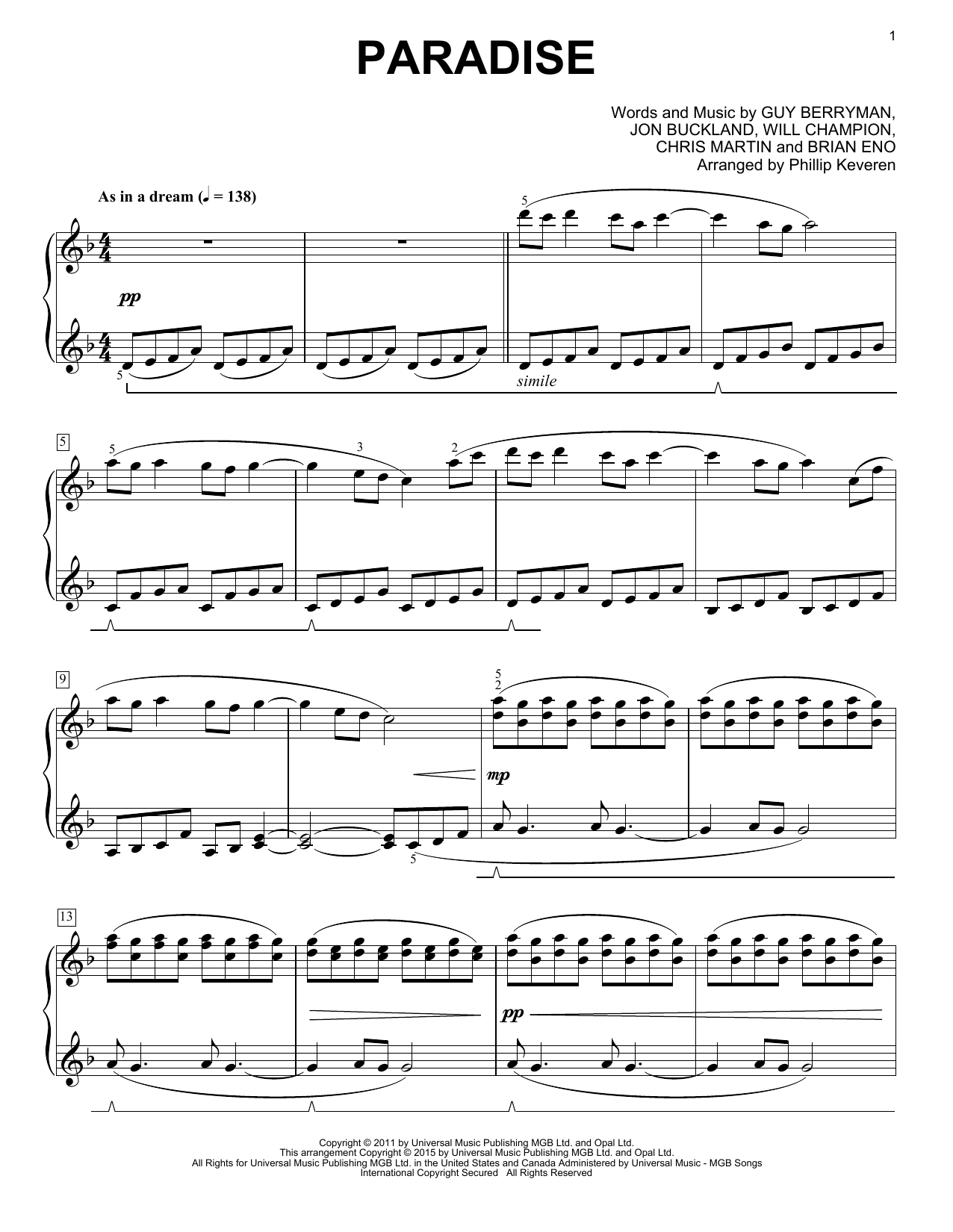 Coldplay Paradise [Classical version] (arr. Phillip Keveren) sheet music notes and chords arranged for Piano Solo