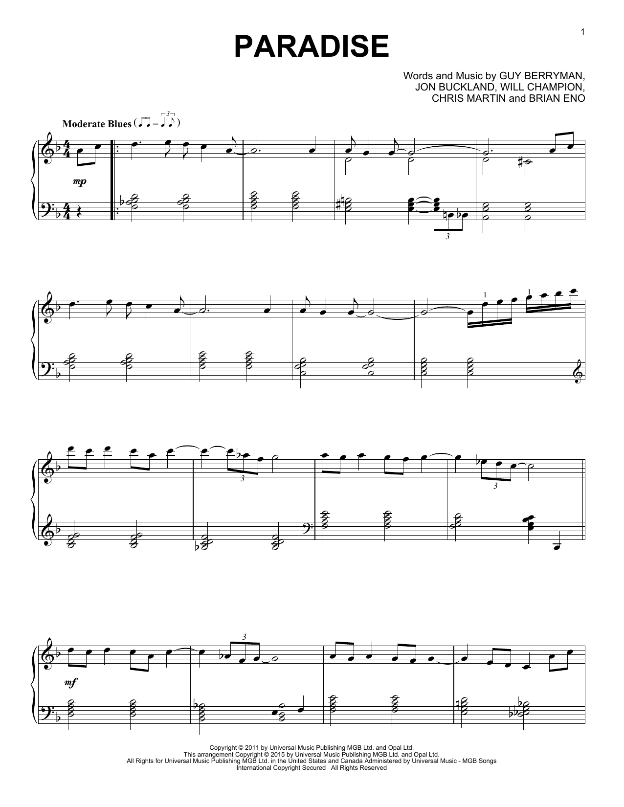 Coldplay Paradise [Jazz version] sheet music notes and chords arranged for Piano Solo