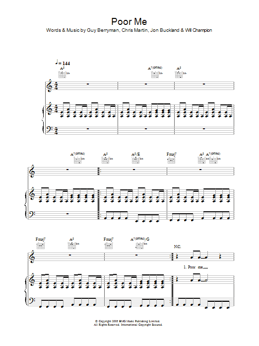 Coldplay Poor Me sheet music notes and chords arranged for Piano, Vocal & Guitar Chords