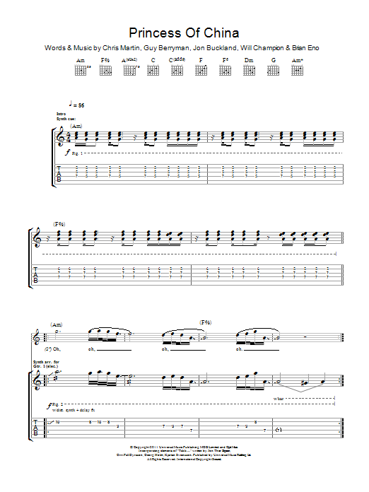 Coldplay Princess Of China sheet music notes and chords arranged for Guitar Tab