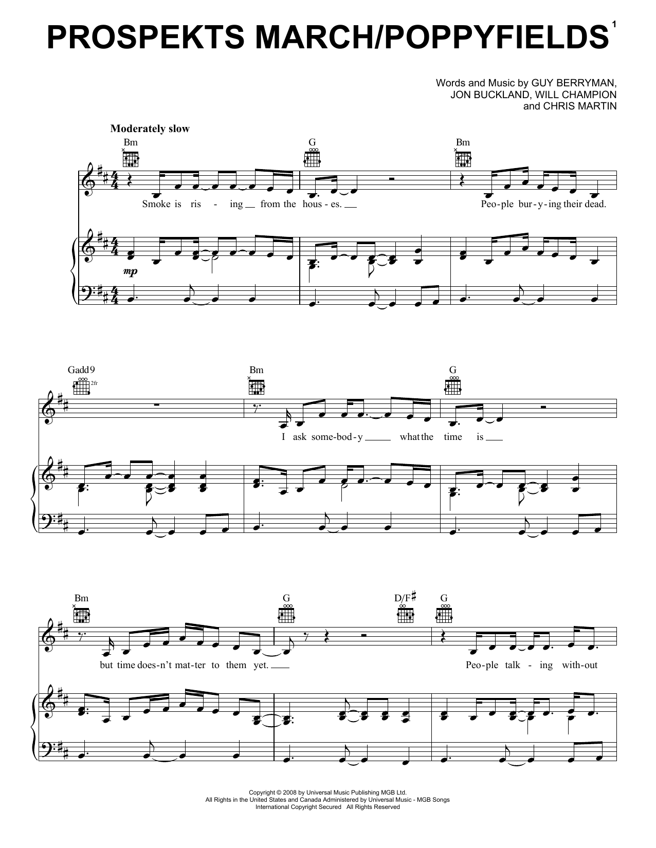 Coldplay Prospekts March/Poppyfields sheet music notes and chords arranged for Piano, Vocal & Guitar Chords (Right-Hand Melody)