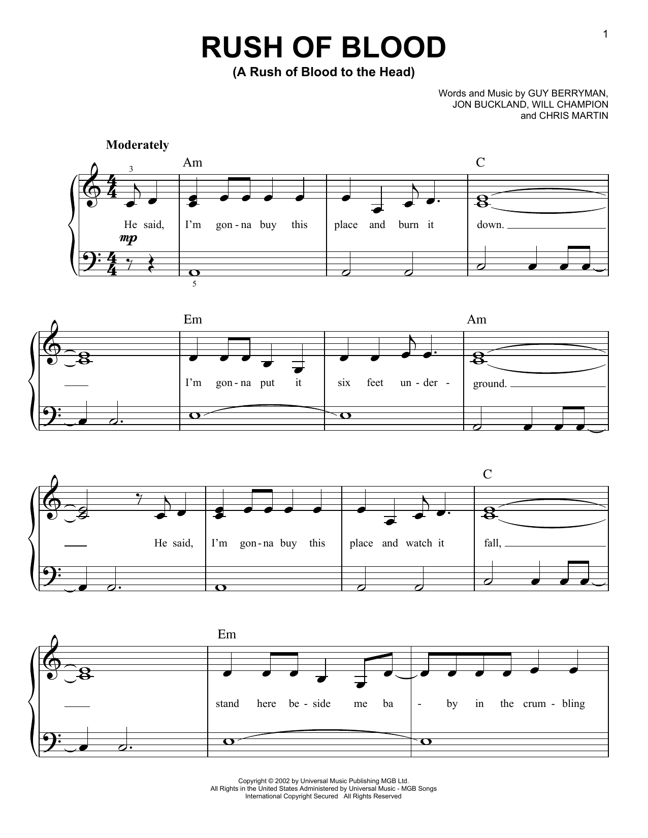 Coldplay Rush Of Blood (A Rush Of Blood To The Head) sheet music notes and chords arranged for Easy Piano