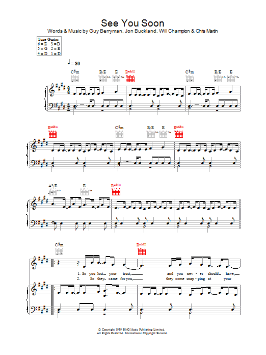 Coldplay See You Soon sheet music notes and chords arranged for Piano, Vocal & Guitar Chords