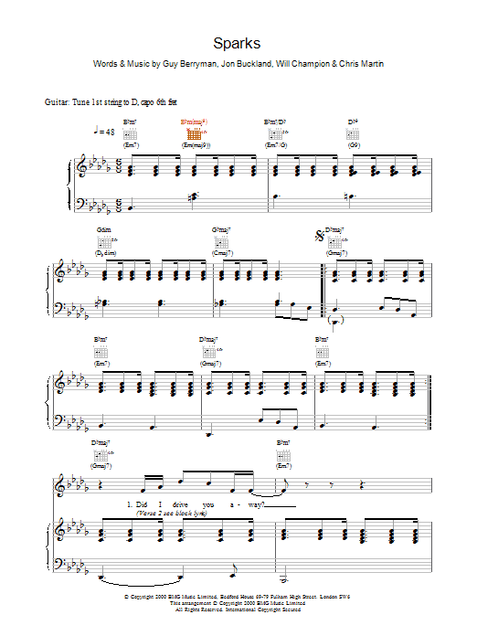 Coldplay Sparks sheet music notes and chords arranged for Piano, Vocal & Guitar Chords