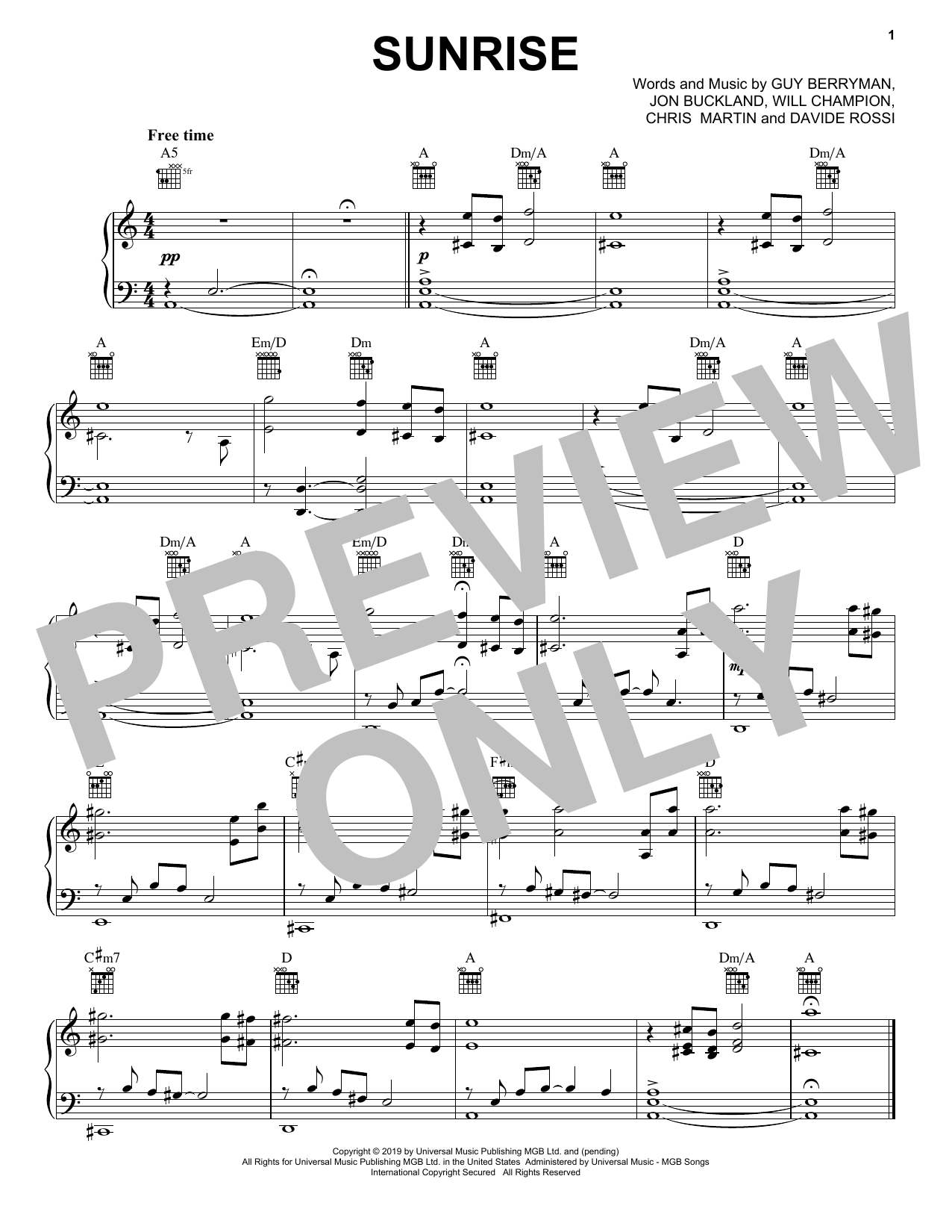 Coldplay Sunrise sheet music notes and chords arranged for Piano, Vocal & Guitar Chords (Right-Hand Melody)
