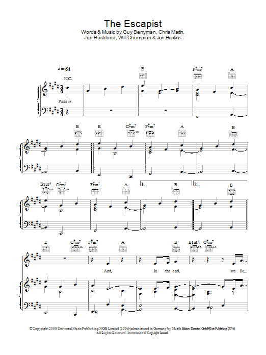 Coldplay The Escapist sheet music notes and chords arranged for Piano, Vocal & Guitar Chords