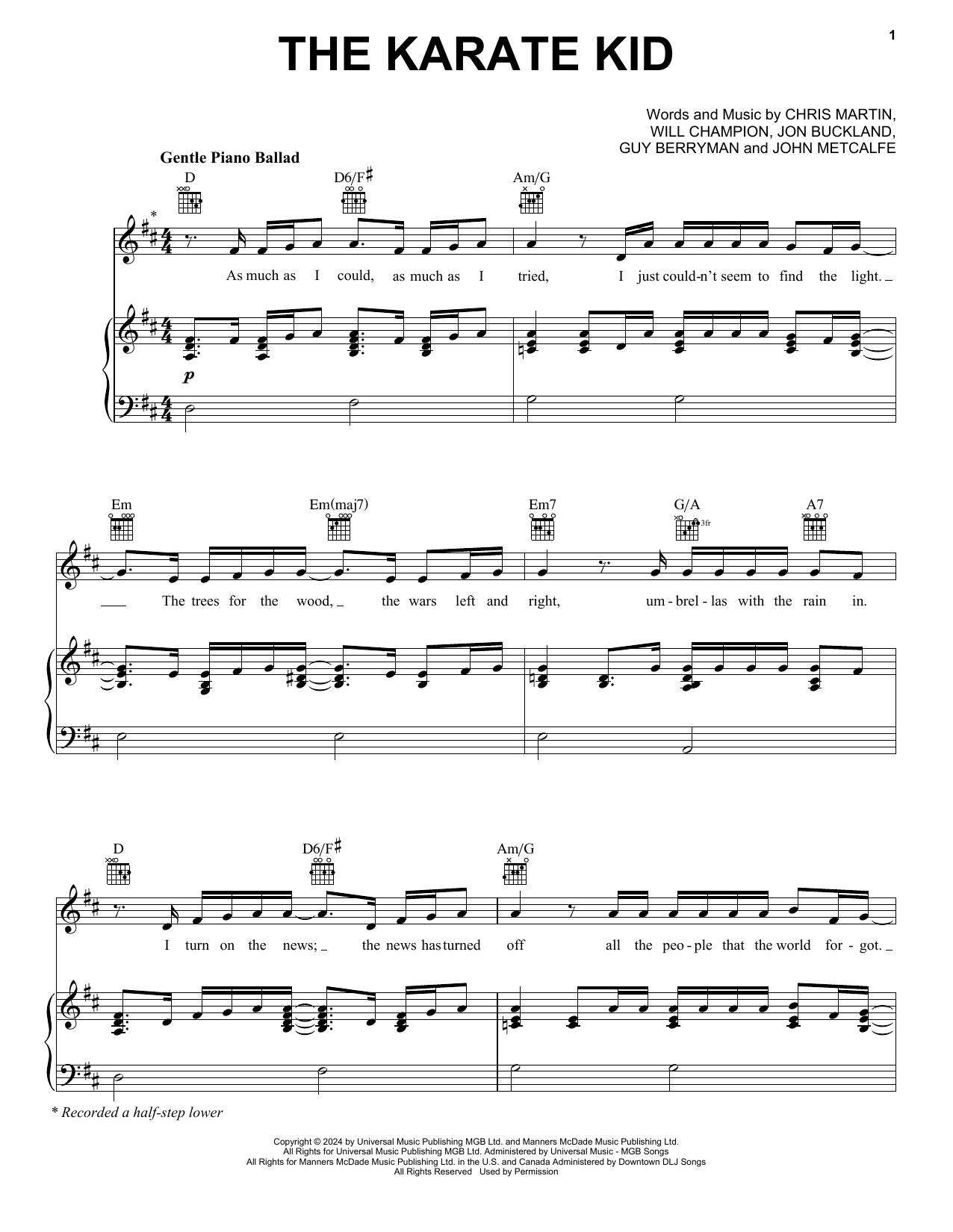 Coldplay The Karate Kid sheet music notes and chords arranged for Piano, Vocal & Guitar Chords (Right-Hand Melody)