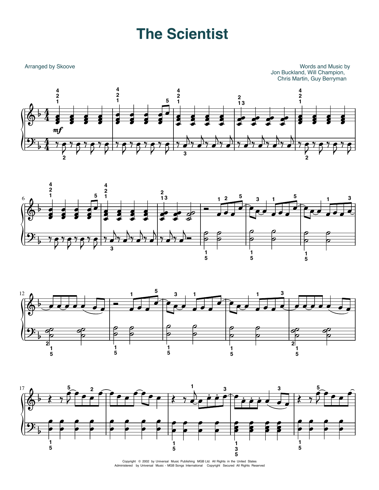 Coldplay The Scientist (arr. Skoove) sheet music notes and chords arranged for Easy Piano