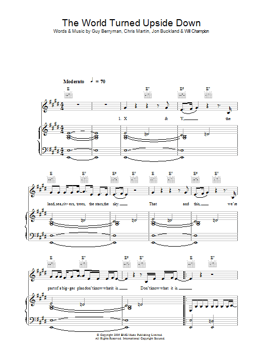 Coldplay The World Turned Upside Down sheet music notes and chords arranged for Piano, Vocal & Guitar Chords