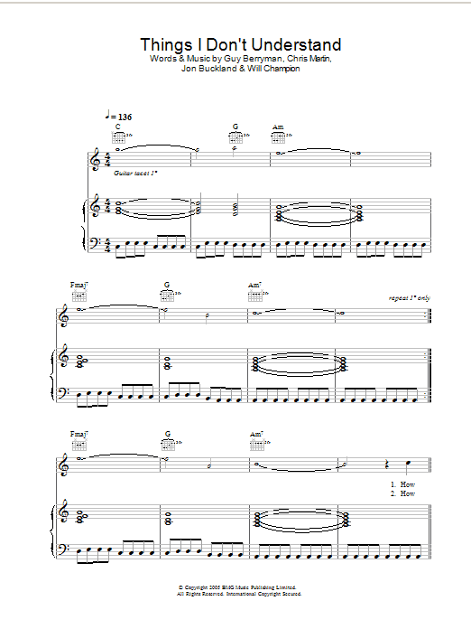 Coldplay Things I Don't Understand sheet music notes and chords arranged for Guitar Chords/Lyrics