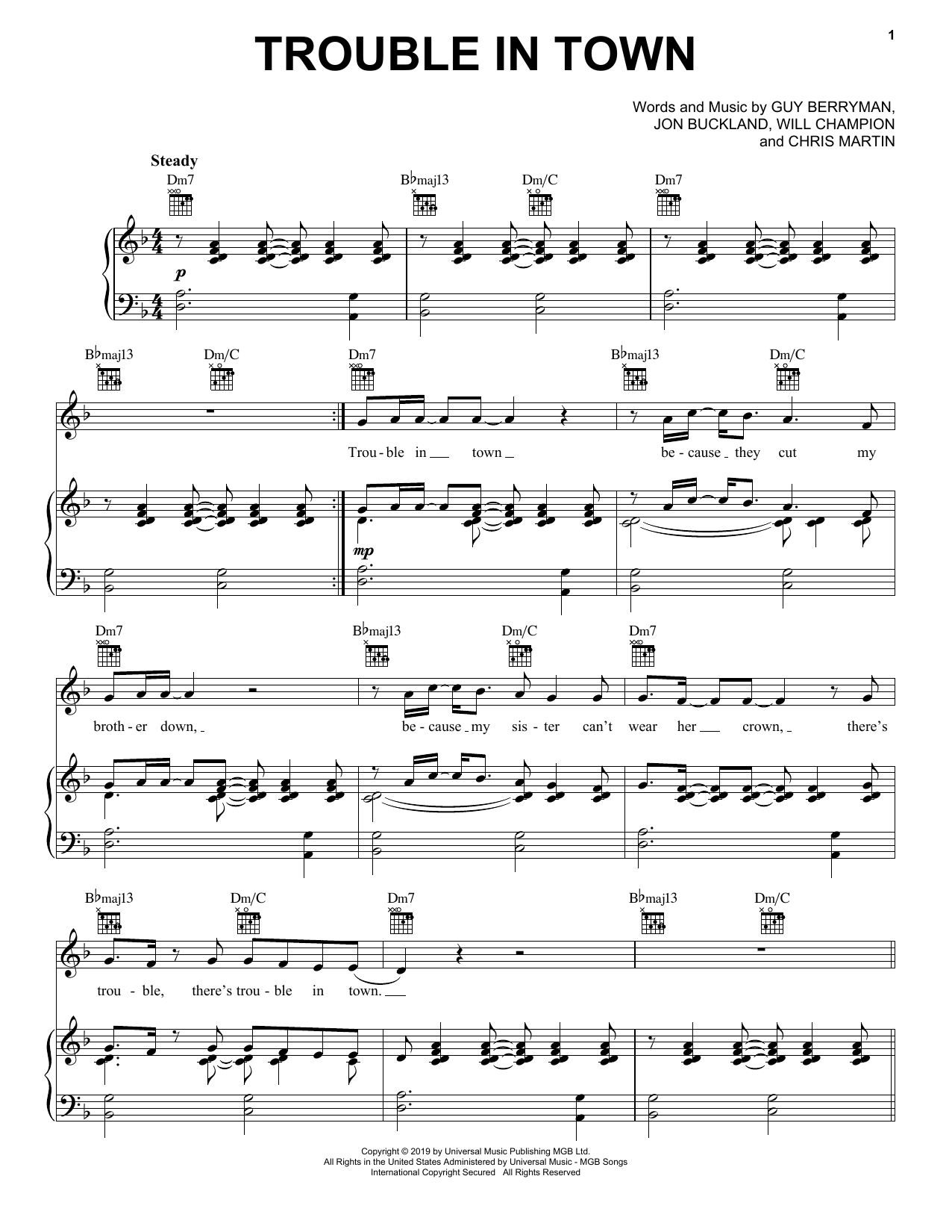 Coldplay Trouble In Town sheet music notes and chords arranged for Piano, Vocal & Guitar Chords (Right-Hand Melody)