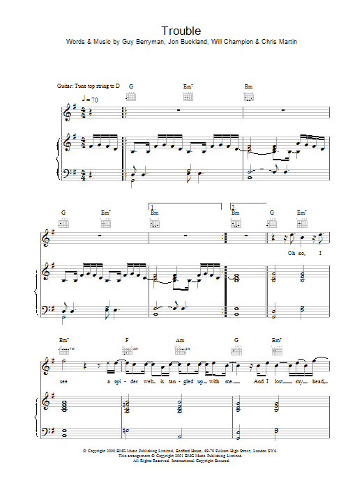 Coldplay Trouble sheet music notes and chords arranged for Piano, Vocal & Guitar Chords (Right-Hand Melody)