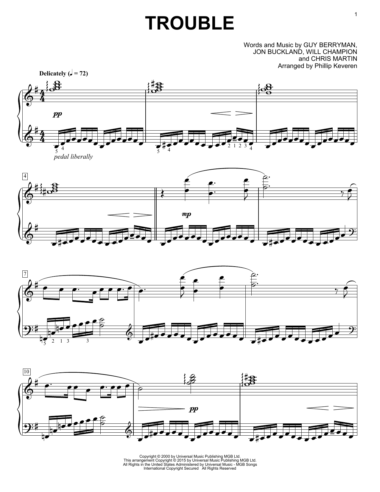 Coldplay Trouble [Classical version] (arr. Phillip Keveren) sheet music notes and chords arranged for Piano Solo
