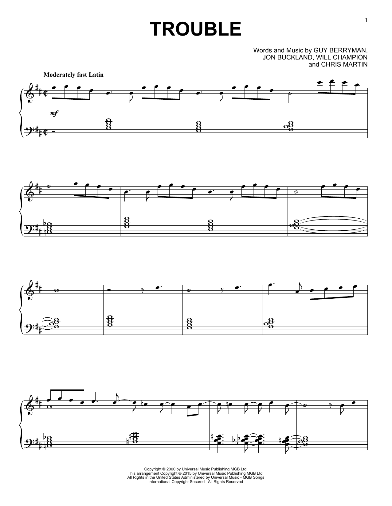 Coldplay Trouble [Jazz version] sheet music notes and chords arranged for Piano Solo