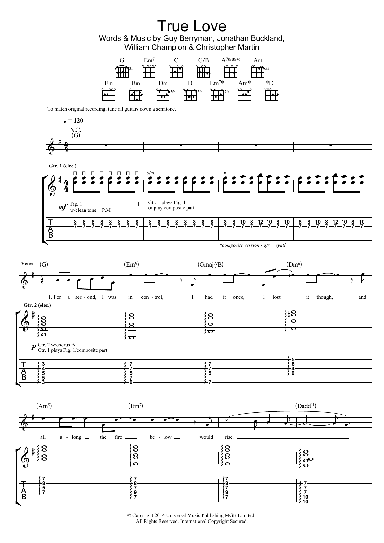 Coldplay True Love sheet music notes and chords arranged for Guitar Chords/Lyrics