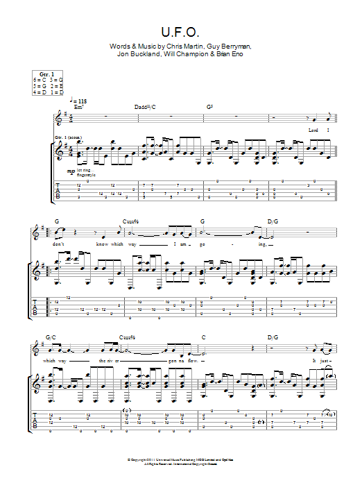 Coldplay U.F.O. sheet music notes and chords arranged for Piano, Vocal & Guitar Chords