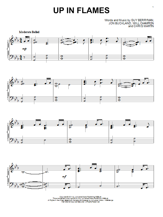 Coldplay Up In Flames sheet music notes and chords arranged for Piano, Vocal & Guitar Chords