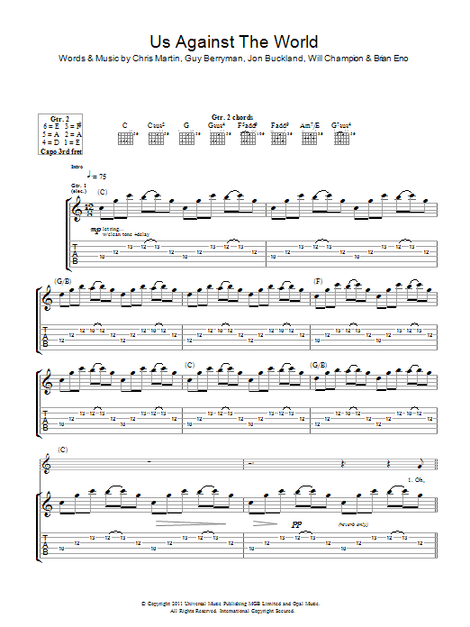 Coldplay Us Against The World sheet music notes and chords arranged for Piano, Vocal & Guitar Chords