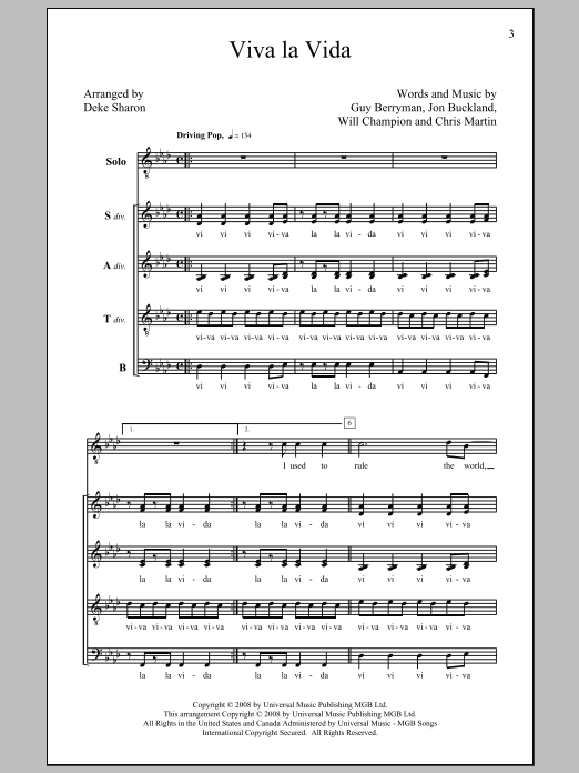 Coldplay Viva La Vida (arr. Deke Sharon) sheet music notes and chords arranged for SATB Choir