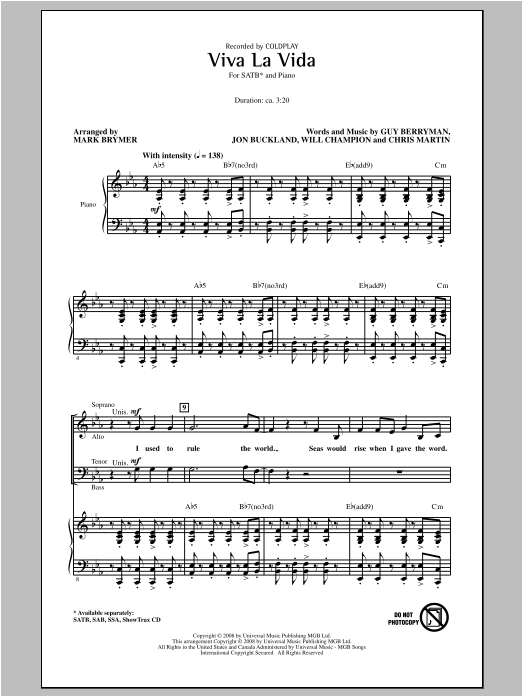 Mark Brymer Viva La Vida sheet music notes and chords arranged for SSA Choir